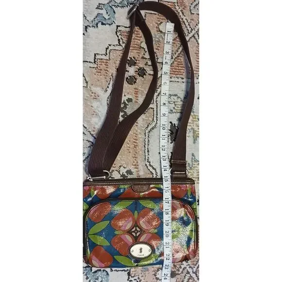 Fossil Key-Per Crossbody coated canvas Bag Brown Floral w/adjustable strap - Picture 4 of 9